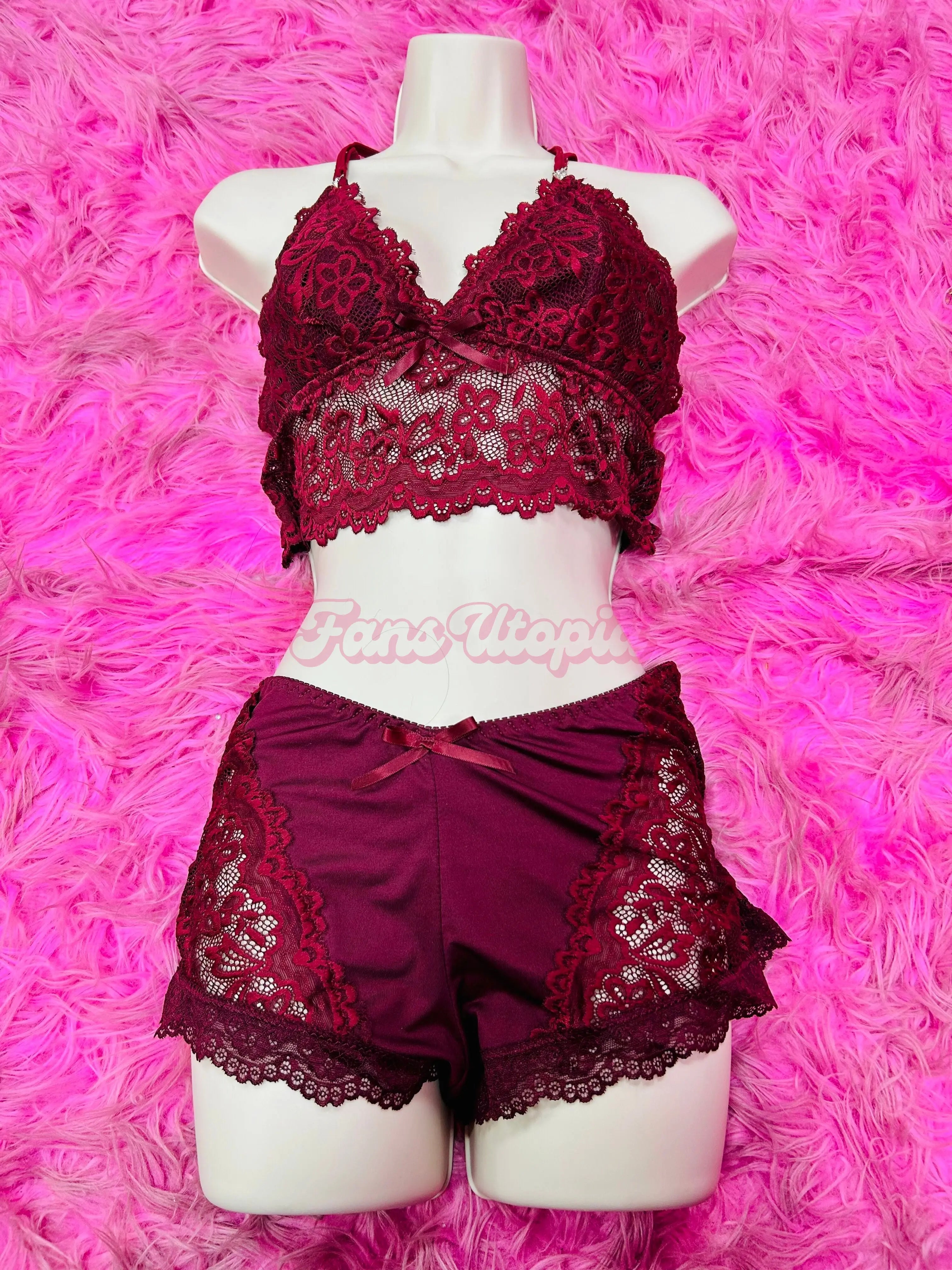 Christina Savoy Maroon Lace Top & Shorts Set Christina Savoy
