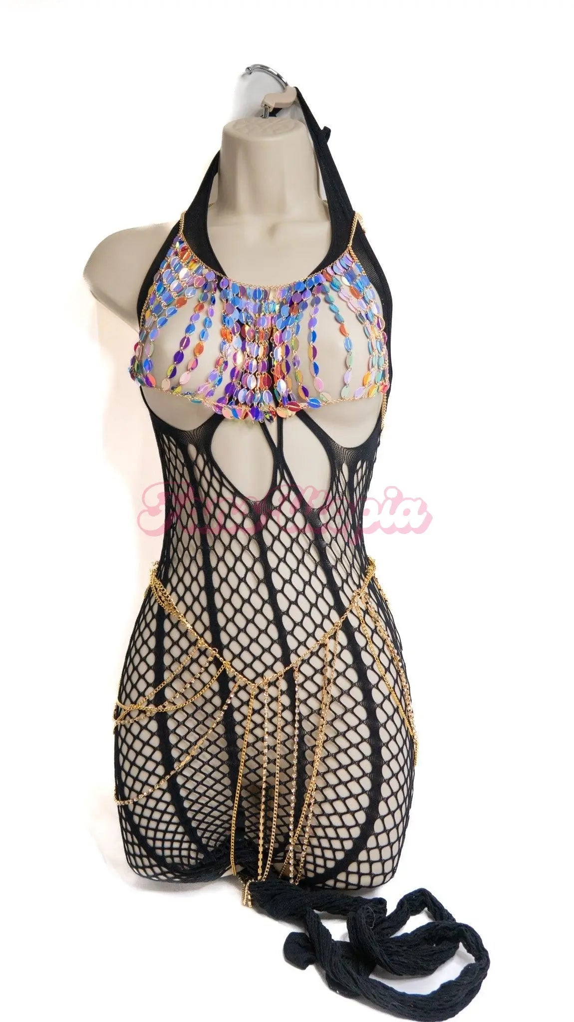 HOL - Sofi Adam Black Fishnet Bodysuit + Chain Bra & Skirt Set Porn+