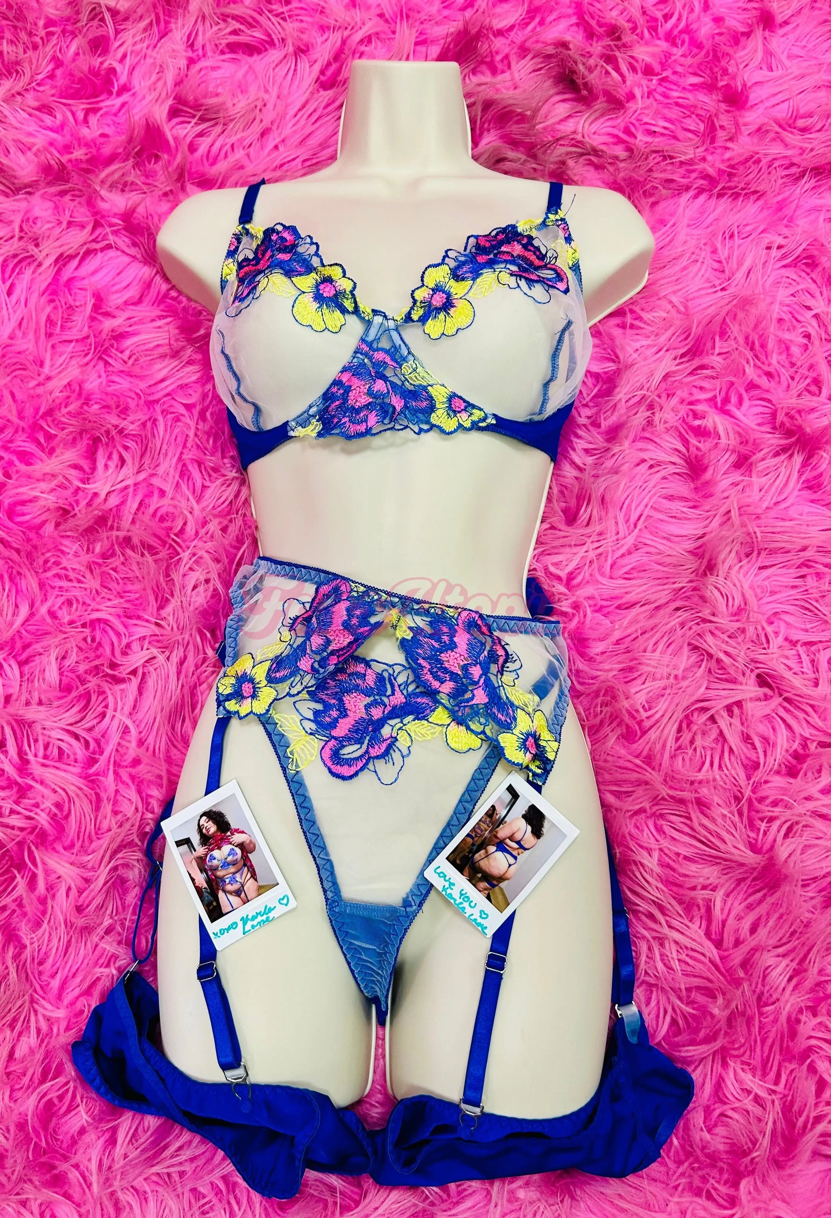 Karla Lane Blue Floral Lingerie Set+ 2 Signed Polaroid Karla Lane