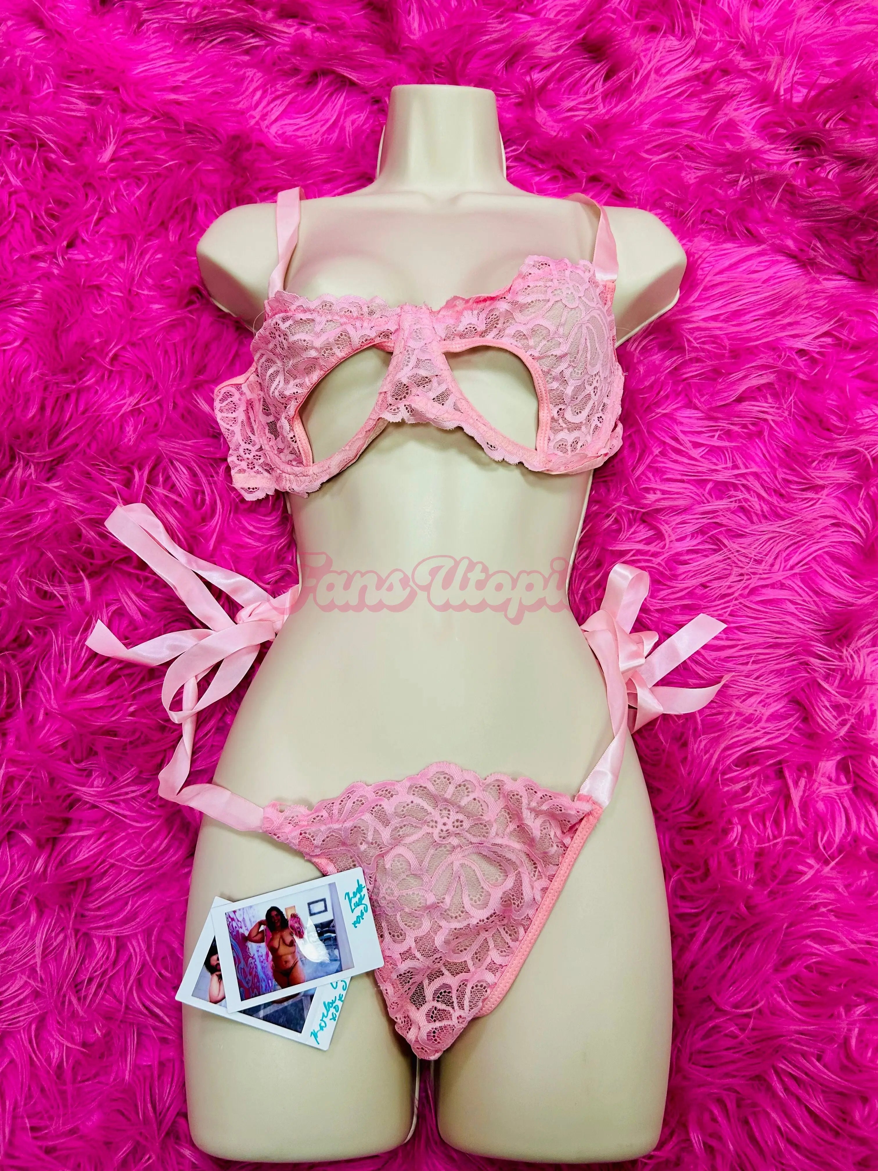 Karla Lane Pink Lace Bra & Panty Set + 2 Signed Polaroids Karla Lane