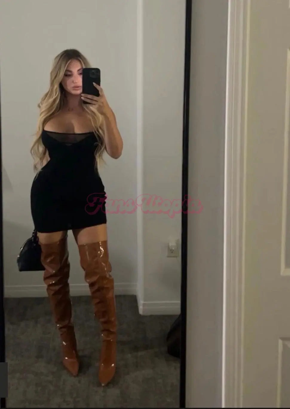 Kayley Gunner Black Dress + Brown Knee High Boots Kayley Gunner