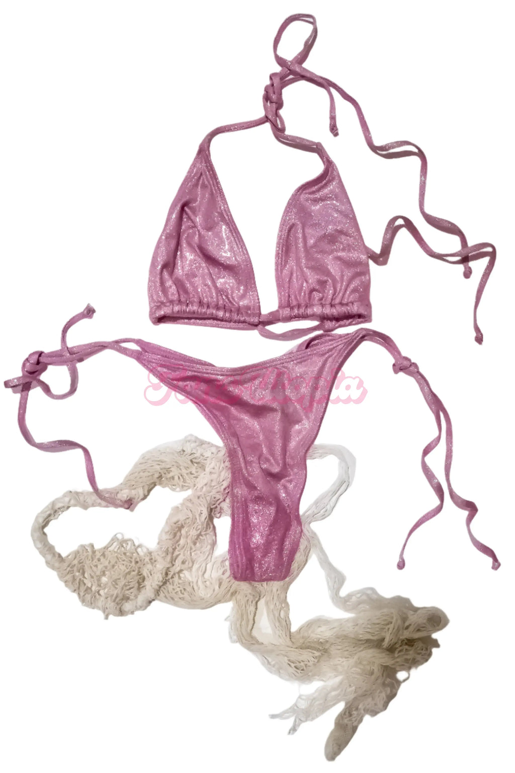 Lily Lou Sparkling Pink String Bikini + Fishnet Stockings Lily Lou