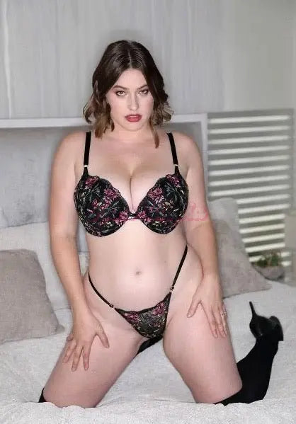 Riley Nixon Floral Black Bra & Panty + Thigh Highs Riley Nixon