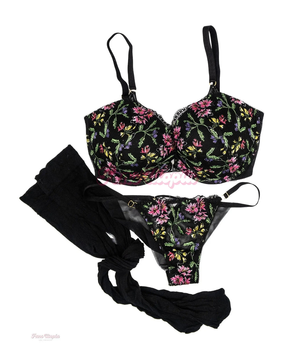 Riley Nixon Floral Black Bra & Panty + Thigh Highs Riley Nixon