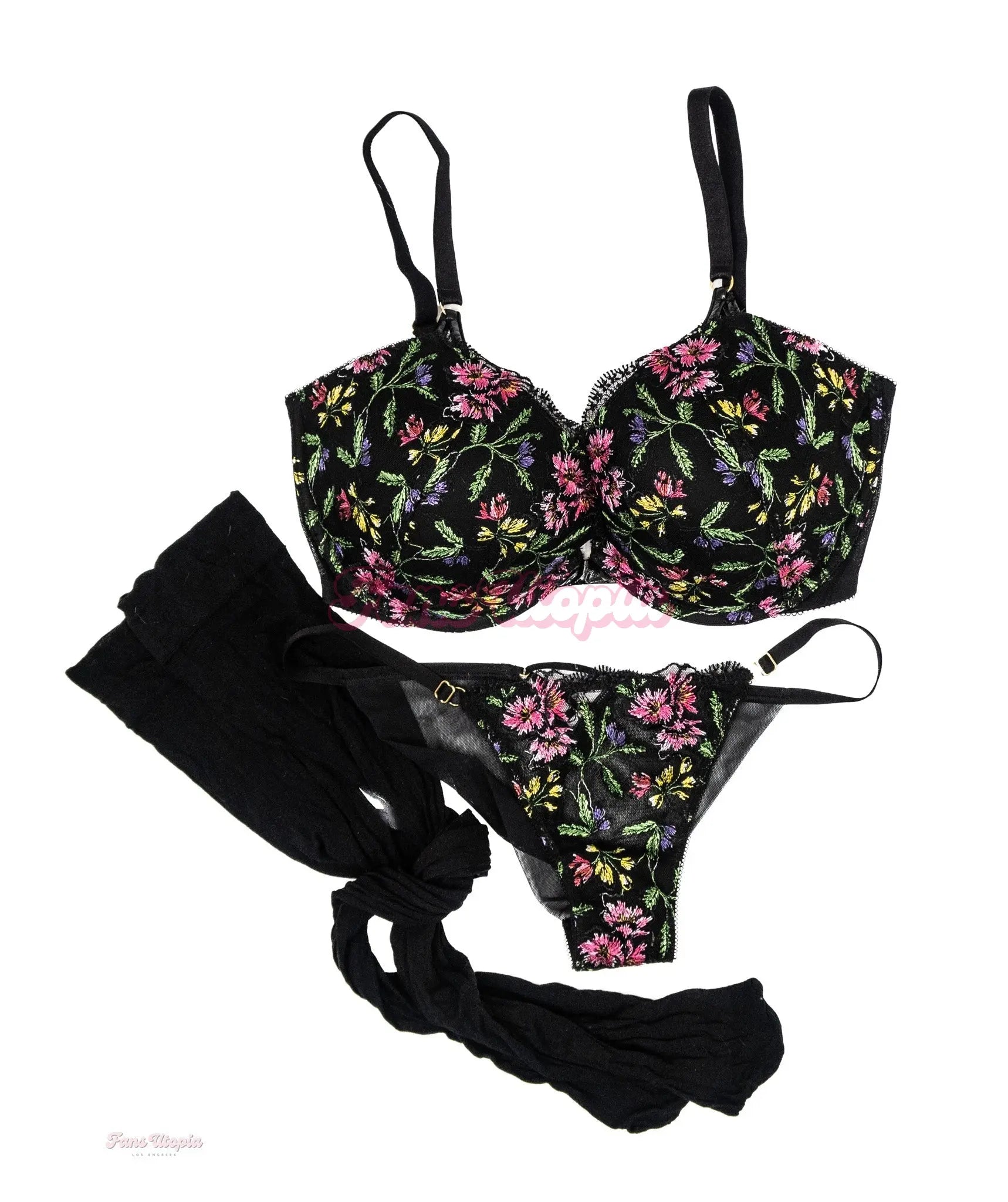 Riley Nixon Floral Black Bra & Panty + Thigh Highs Riley Nixon