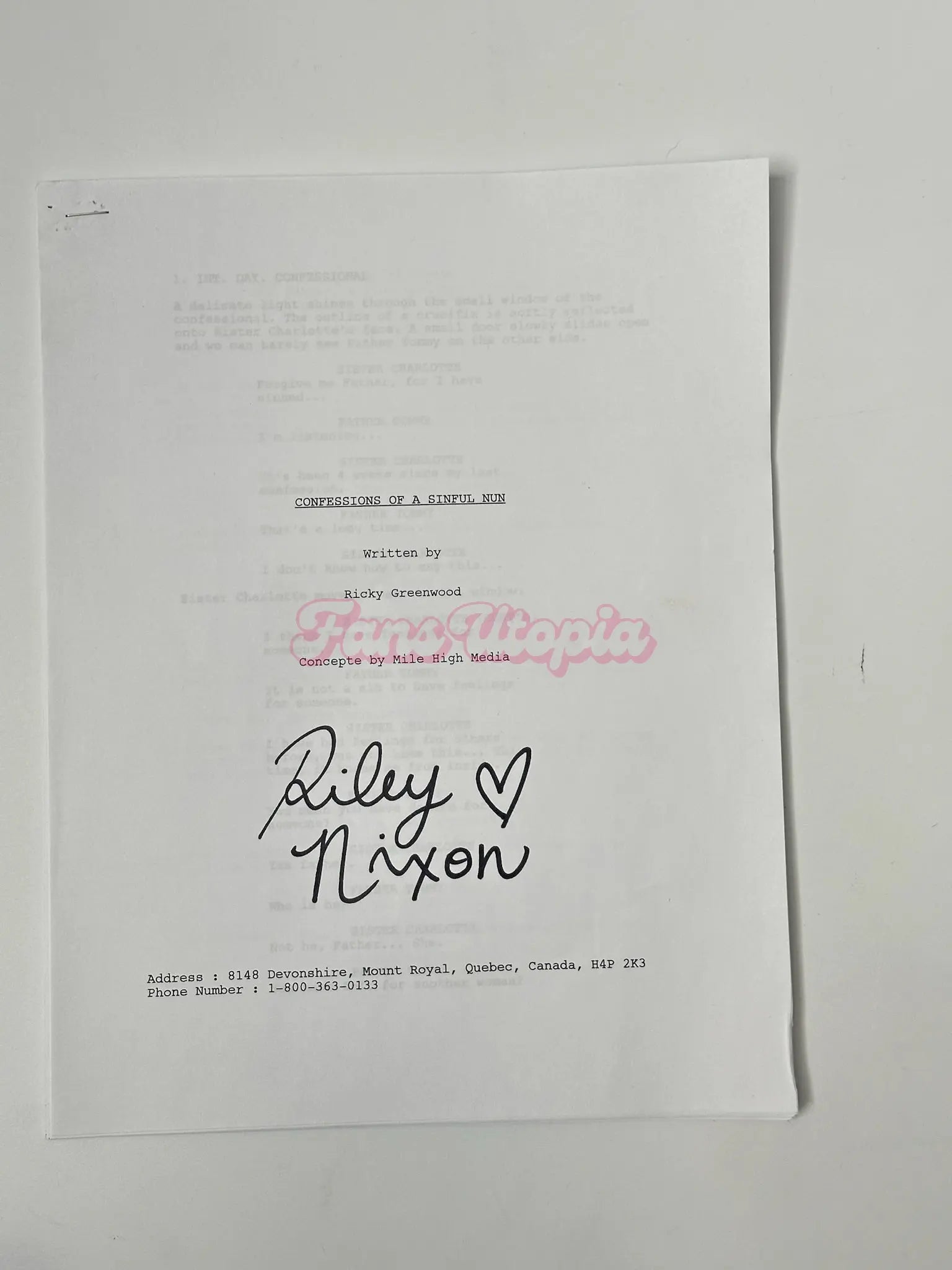 Riley Nixon's Signed Confession of A Sinful Nun Script Riley Nixon