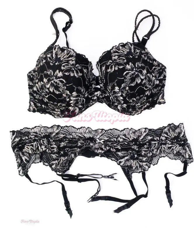 Samantha Mack Black White Lace Bra & Custom Garter Set Samantha Mack