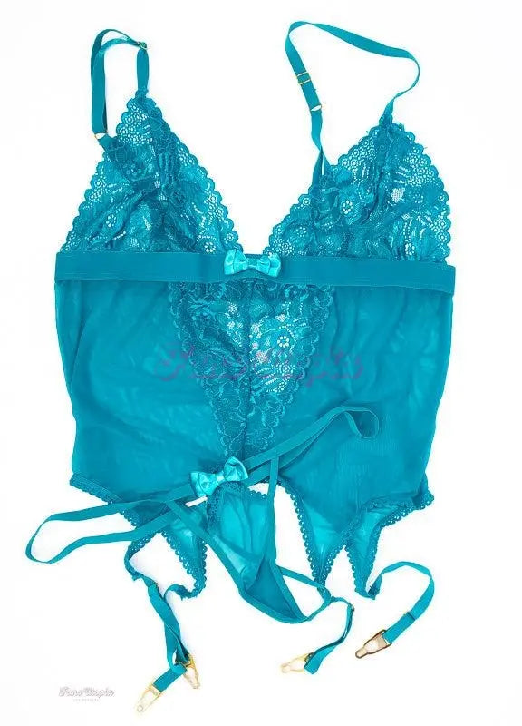 Samantha Mack Teal Stained Bodysuit Garter & Panties Set Samantha Mack