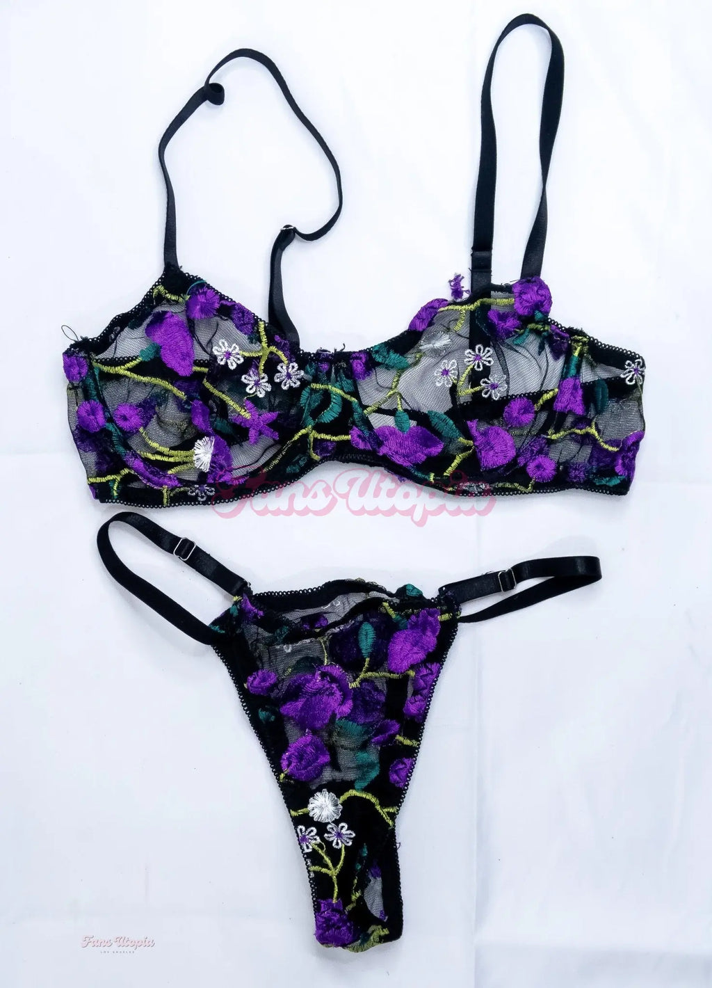 Sarah Illustrates Black Purple Floral Bra & Panties Set Sarah Illustrates