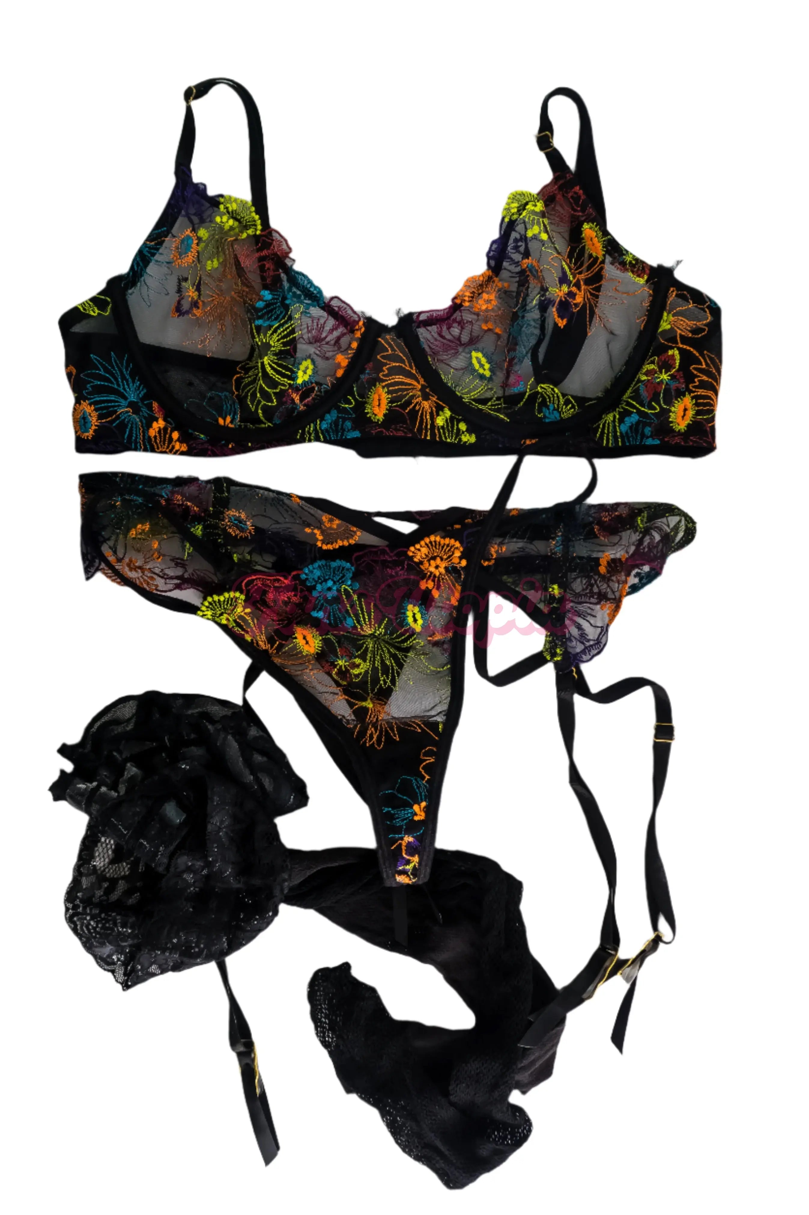 Sinatra Monroe Black Neon Floral Complete Lingerie Set Sinatra Monroe