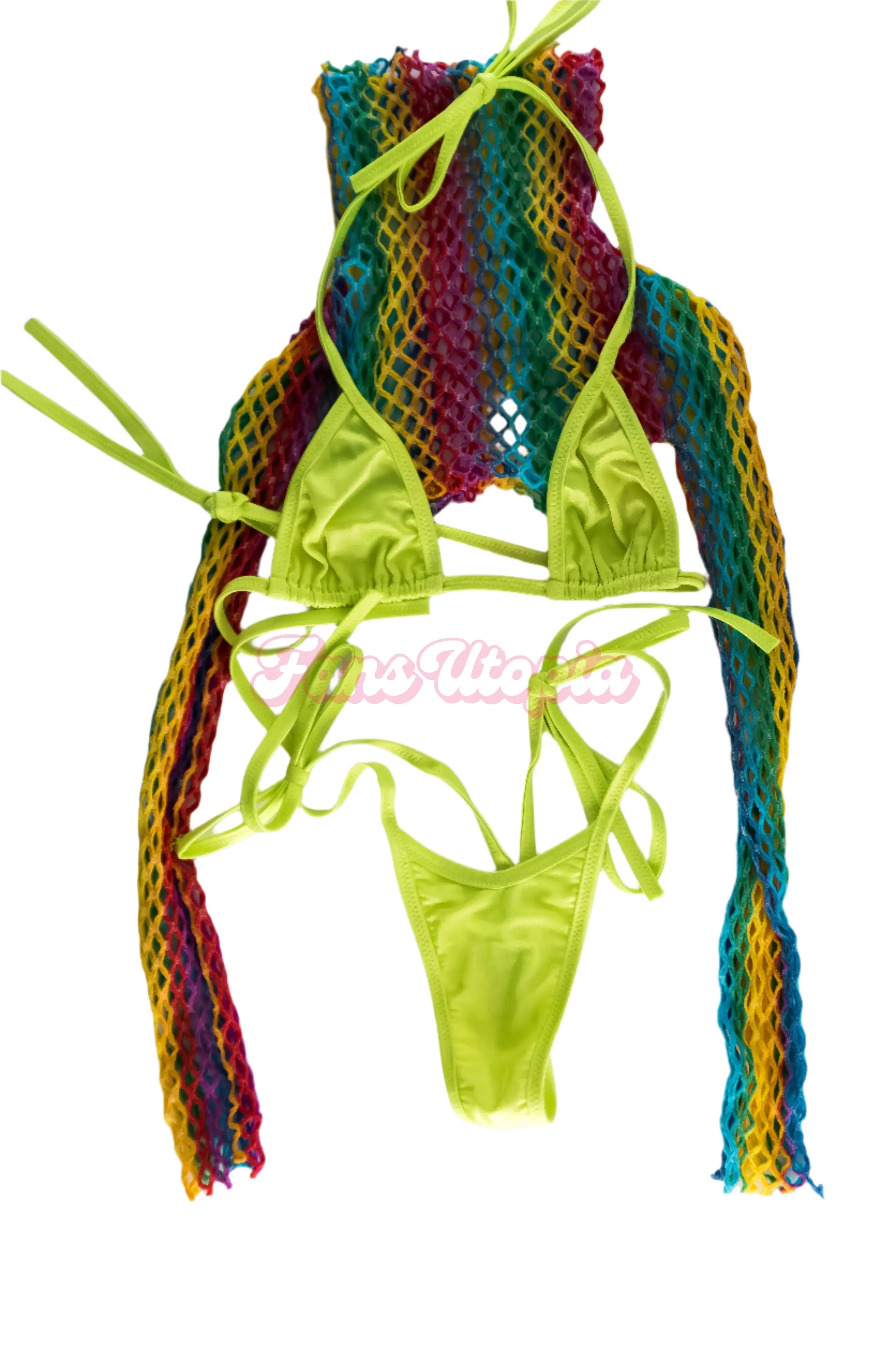 Sinatra Monroe Yellow Bikini + Rainbow Fishnet Top Sinatra Monroe