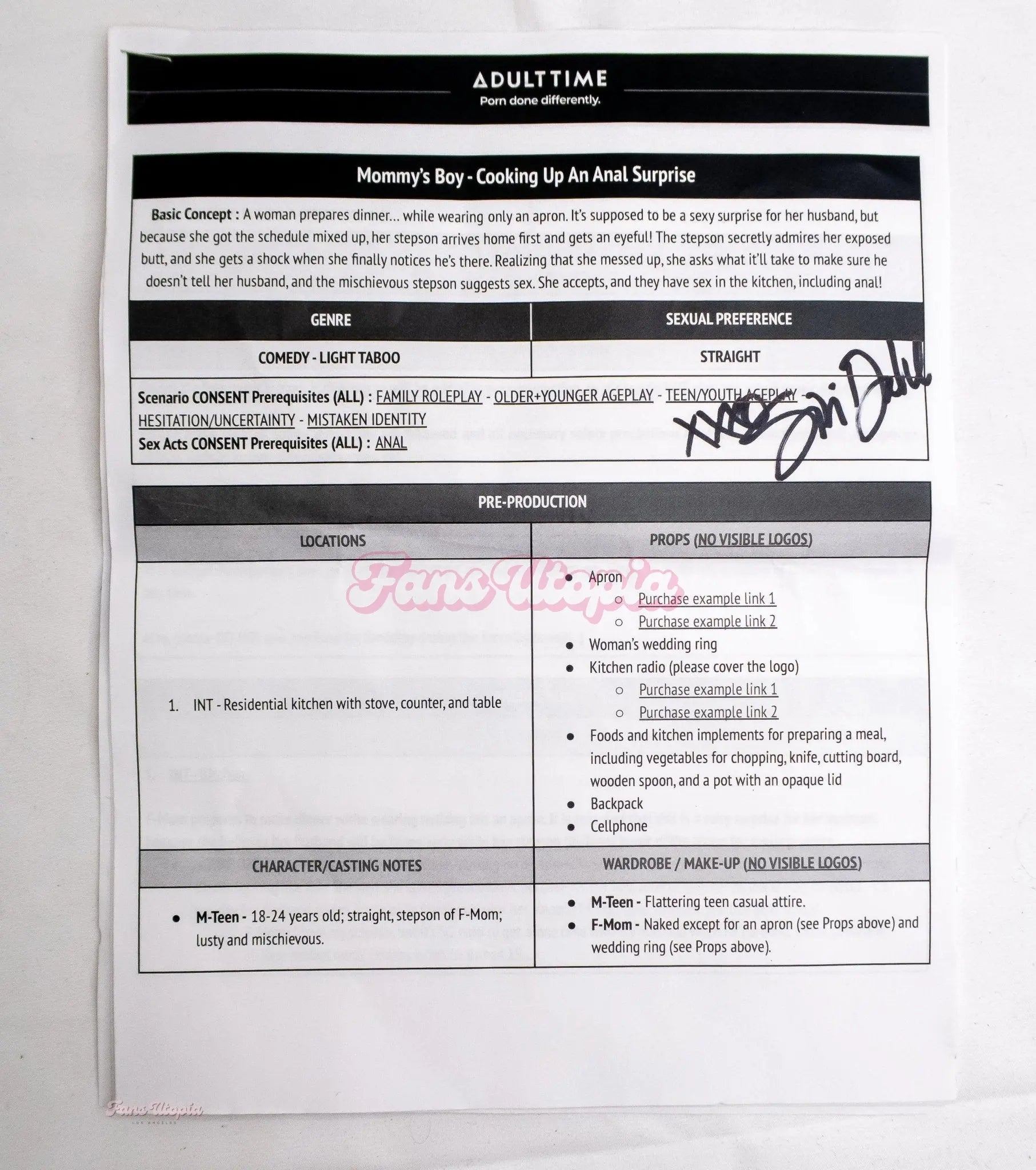Siri Dahl Autographed "Mommy's Boy" Adult Time Script Siri Dahl